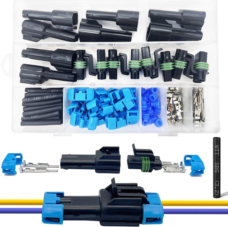 Twippo 14-12 AWG 2 Pin Connector Weather Pack Connectors Kit 2 Wire Automotive Electrical Waterproof Connectors Plug Terminals with 32pcs Shrink Tubing Kit (8 Set) - Image 1